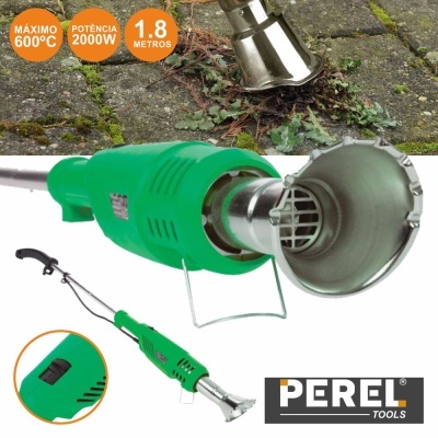 Aparelho elétrico verde para remoção de ervas com ponta metálica e cabo comprido.