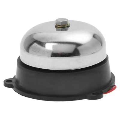 Campainha metálica com base preta e botão para pressionar