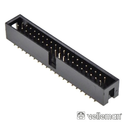 Conector eletrónico preto com pinos metálicos dourados e logotipo Velleman