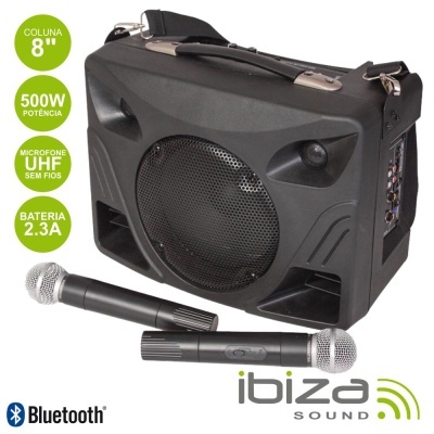 Coluna portátil Ibiza Sound preta com dois microfones e texto de especificações