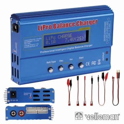 Carregador digital azul LiPro Balance Charger com visor LCD e cabos de ligação