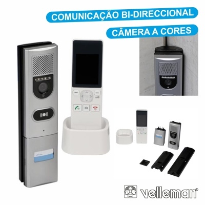 Intercomunicador vídeo porteiro metálico com comando remoto branco e texto promocional em azul