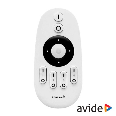 Comando remoto branco com botões pretos e brancos e texto 'avide' e '2.4G RF'