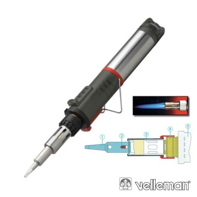 Isqueiro de soldadura a gás portátil com desenho esquemático e chama azul