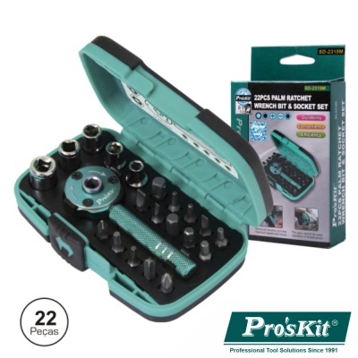 Conjunto Pro'sKit 22 peças com chave catraca em caixa verde e preta