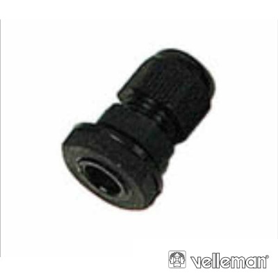 Conector eléctrico plástico negro con rosca sobre fondo branco