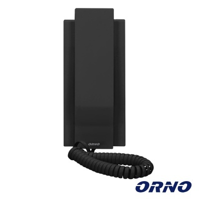 Telefone fixo de parede preto com cabo em espiral e marca ORNO