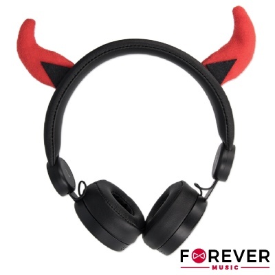 Auriculares pretos com chifres vermelhos e logótipo FOREVER MUSIC