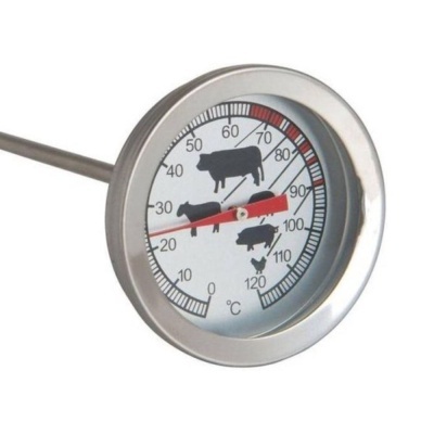 Termómetro metálico redondo com escala e imagens de animais no mostrador