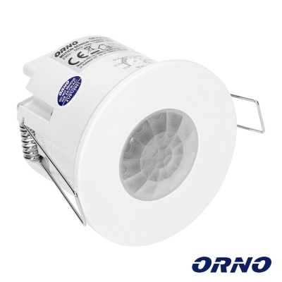 Sensor de presença redondo branco com molas metálicas e texto ORNO