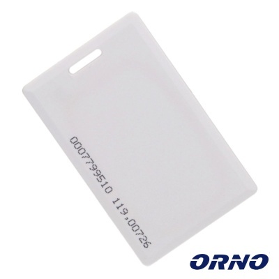 Cartão de identificação branco com números e logótipo ORNO