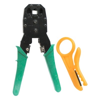 Ferramenta de crimpagem com cabos verdes e ferramenta auxiliar amarela