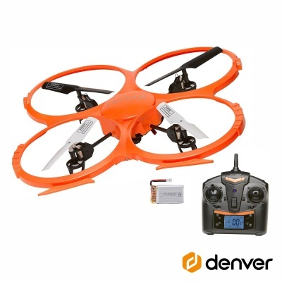 Drone quadcóptero laranja com comando remoto e bateria