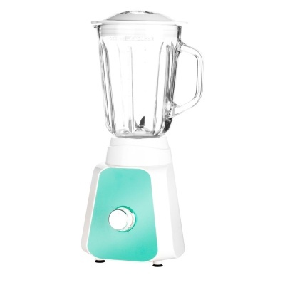 liquidificador branco com painel verde-água e jarro transparente