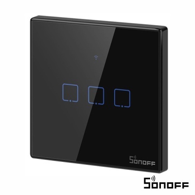 Interruptor inteligente Sonoff preto com três botões azuis e símbolo Wi-Fi