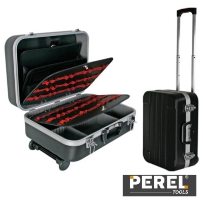 Mala rígida preta com compartimentos interiores acolchoados e logótipo PEREL TOOLS