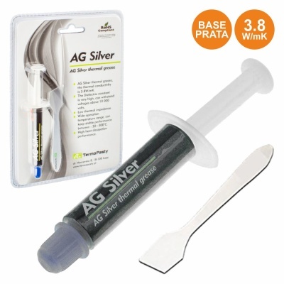 Pasta térmica AG Silver em seringa preta com espátula branca e embalagem plástica