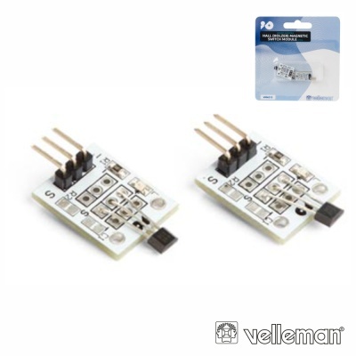 Dois módulos eletrónicos com três pinos em embalagem azul e branca da Velleman