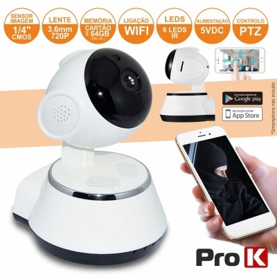 Câmara de vigilância branca com lente preta e base redonda