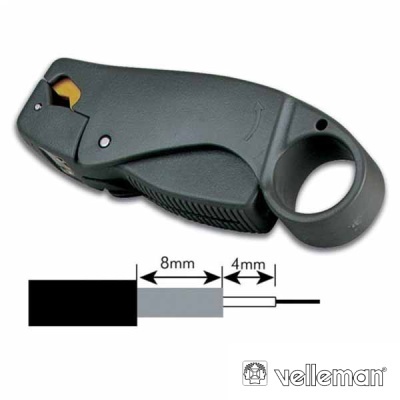 Ferramenta de corte preta com orifício circular e logótipo velleman