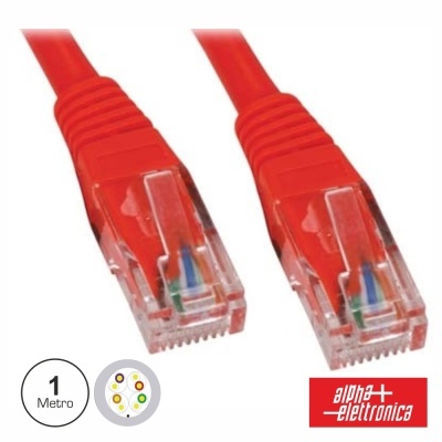 Cabo de rede RJ45 vermelho com fios visíveis e logotipo alpha elettronica