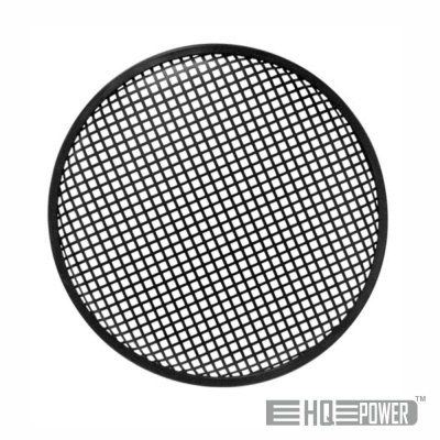 Grelha redonda preta de metal com padrão de malha cruzada e logotipo HQ POWER