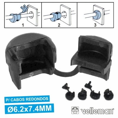 Abraçadeiras pretas para cabos redondos Ø6.2x7.4MM da Velleman com instruções de montagem