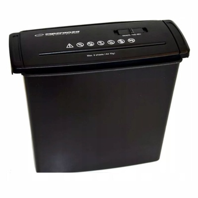 Triturador de papel preto com painel superior com botões e texto branco