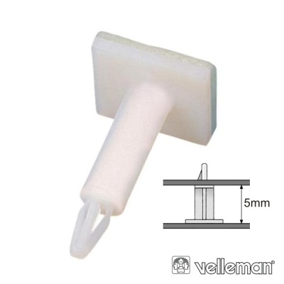 Suporte plástico branco com base quadrada e gancho, diagrama indica 5 mm, marca Velleman