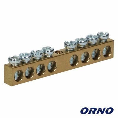 Barra de ligação elétrica em metal bronze com seis parafusos prateados e logótipo ORNO