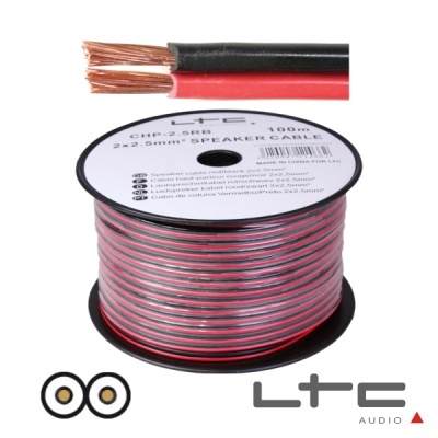 Carretel de cabo de áudio LTC preto e vermelho com detalhes em cobre