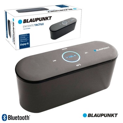 Coluna portátil Bluetooth preta Blaupunkt com painel tátil e embalagem