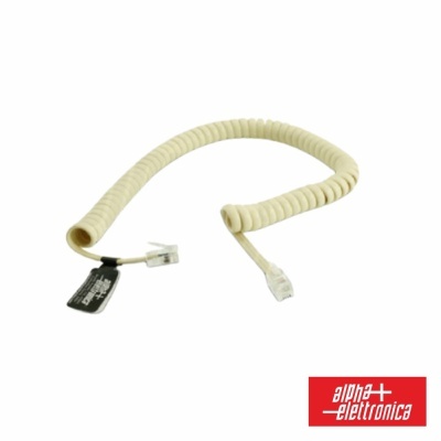 Cabo telefónico espiralado creme com conectores RJ11 e etiqueta preta, com logótipo alfa elettronica.