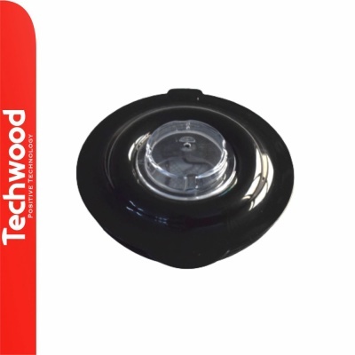 Dispositivo redondo preto com centro transparente num fundo branco com barra vermelha com texto Techwood