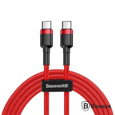 Cabo USB tipo C vermelho trançado Baseus com conectores metálicos e fita de velcro preta