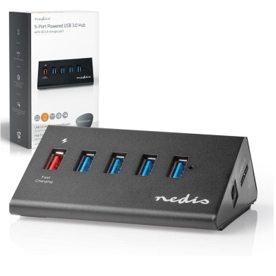 Hub USB Nedis preto com 5 portas e embalagem ao fundo
