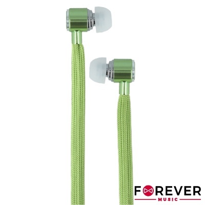 Auriculares verdes com cabo trançado e ponteiras de silicone branco