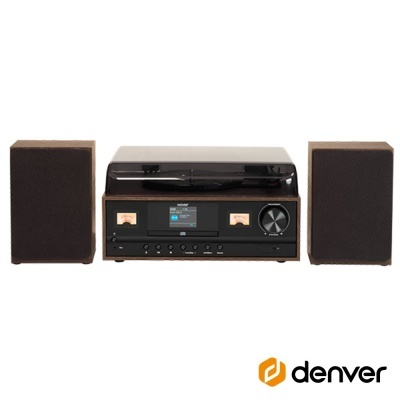 Equipamento de áudio preto com leitor de vinil e duas colunas