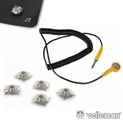 Acessórios com mola espiral preta e suportes metálicos com logótipo Velleman