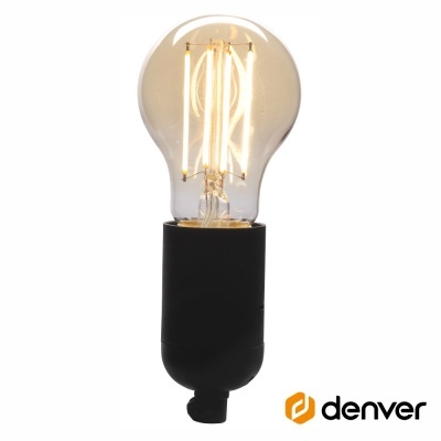 Lâmpada LED com base preta e vidro transparente ligada, logótipo denver