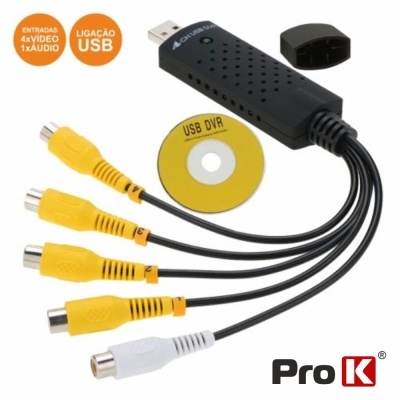 Adaptador USB preto com cabos amarelos e branco, CD amarelo, logotipo Pro K