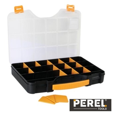 Caixa organizadora preta com tampa transparente e detalhes laranja da marca PEREL TOOLS