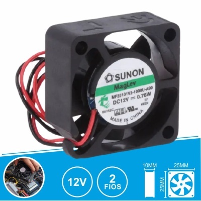 Ventoinha de arrefecimento Sunon MagLev com etiqueta branca e verde e fios vermelho e preto