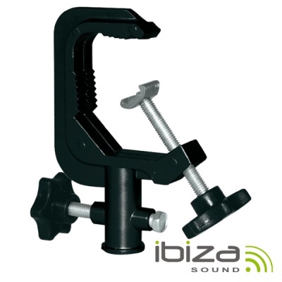 Morsa preta para suporte com parafuso de aperto e logótipo Ibiza Sound
