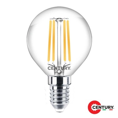 Lâmpada LED de filamento transparente com base metálica prateada e texto CENTURY