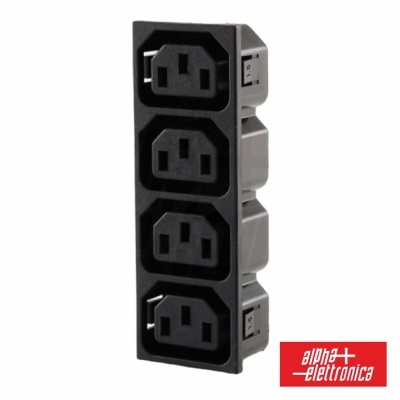 Conector elétrico preto com quatro entradas padrão em linha e logotipo alpha elettronica vermelho e branco