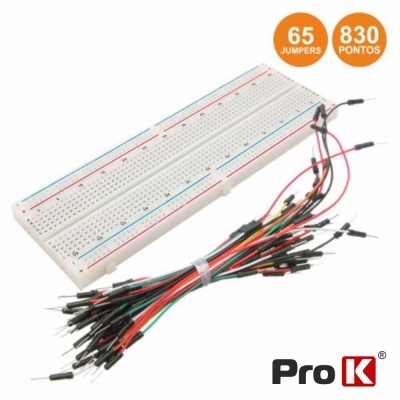 Kit breadboard branca com jumpers coloridos e texto 65 JUMPERS 830 PONTOS Pro K