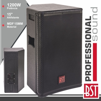 Coluna de som profissional preta BST com potência 1200W e altifalante de 15 polegadas