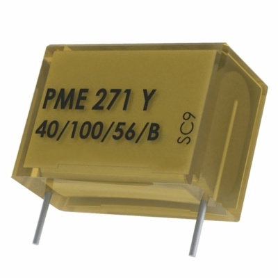 Componente eletrónico amarelo PME 271 Y com terminais metálicos