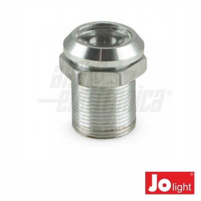 Peça metálica prateada com rosca e lente, com marca Jo light